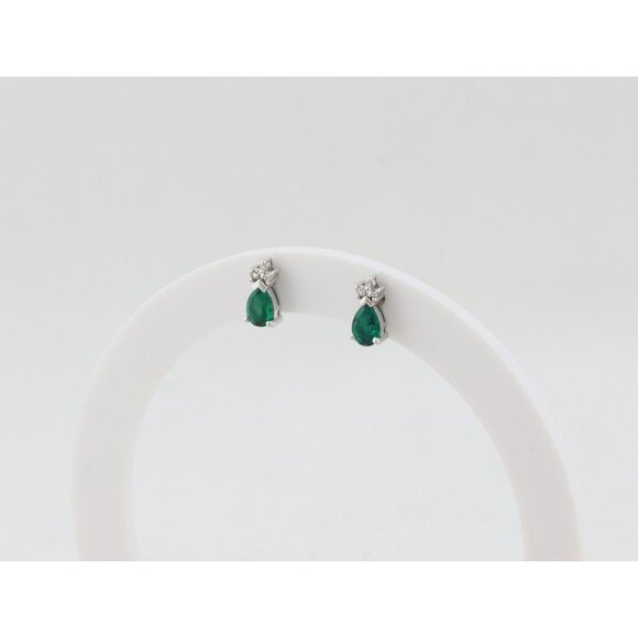 14k White Gold Lab Created Emerald & Diamond Earrings Stud Post Earrings 3/8" - Picture 7 of 9
